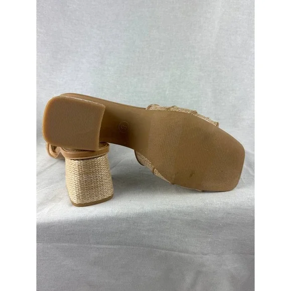A New Day Women Tan Woven Raffia Crystal Buckle Block Heel Slide Sandals Size 8 - Picture 3 of 4